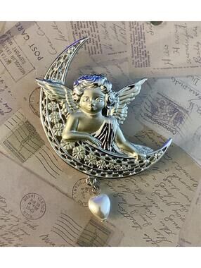 Hallmarked JJ Jonette Jewelry Celestial Angelic Crescent Dangling Brooch